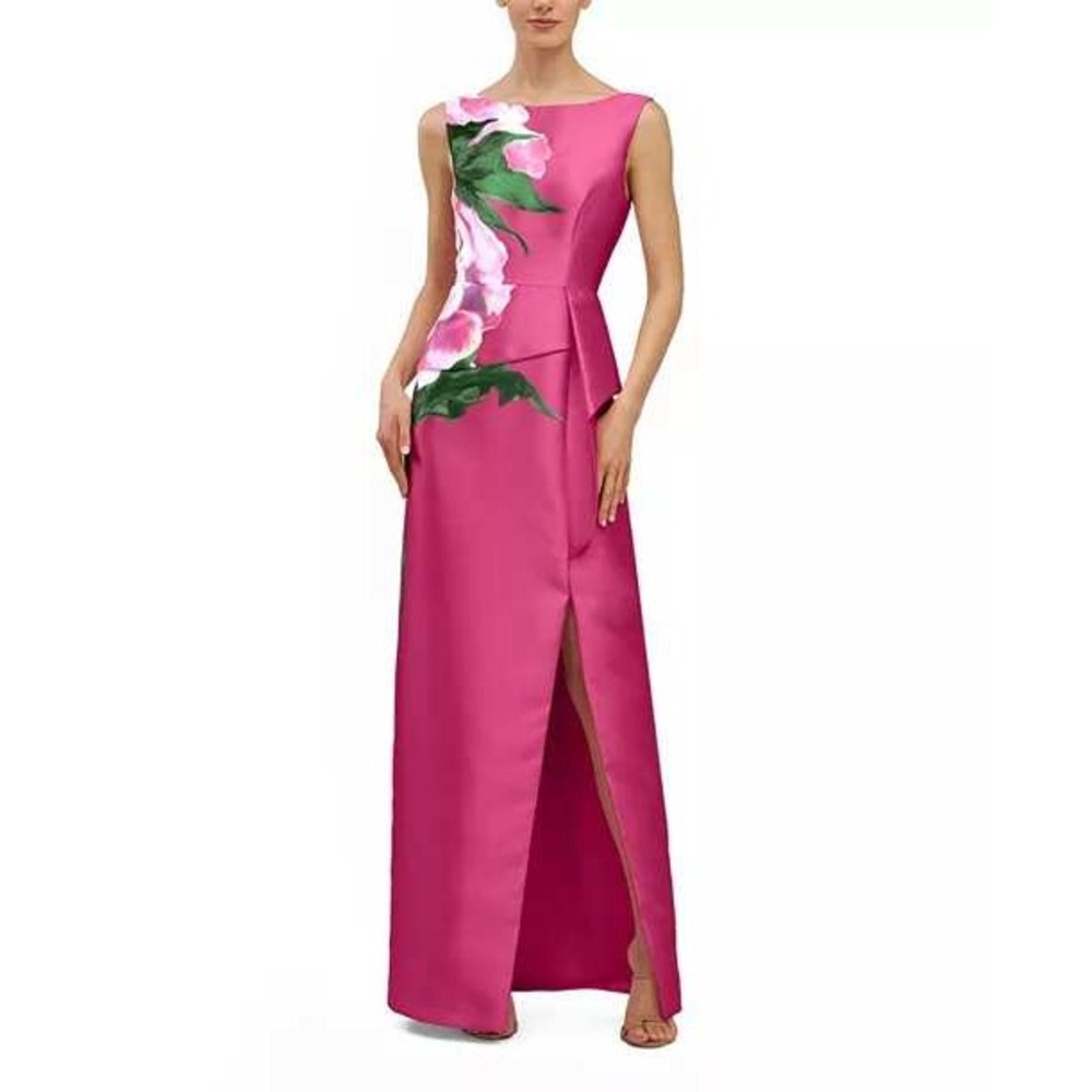 NWT Kay Unger Luciana Column Gown Rose Bud Pink Floral Maxi Dress 14 Wedding
